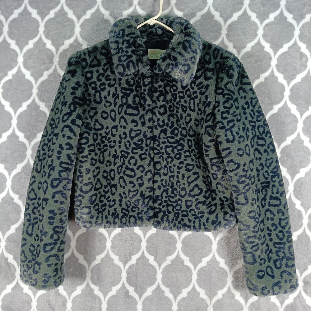 Cache Faux Fur Jacket Women Medium Gray Black Leopard Print Zip Up Cropped Coat